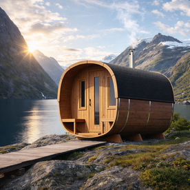Barrel Sauna Deluxe Cube - with front terrace and dressing room