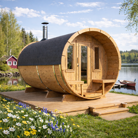Barrel Sauna Deluxe with dressing room and front terrace