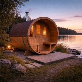Barrel sauna with a front terrace