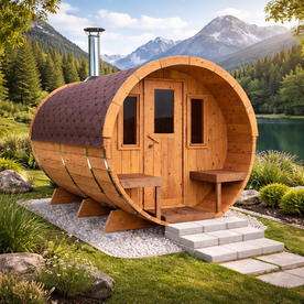 Barrel sauna with changing room and front terrace