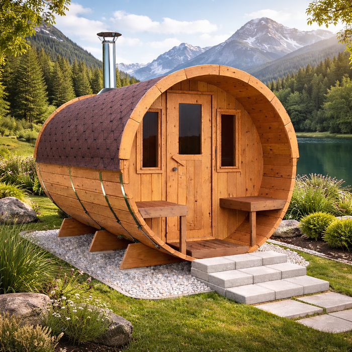 Barrel sauna with changing room and front terrace